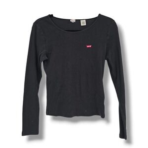 Levis Womens Rib Knit Long Sleeve Scoop Neck Top Gray Red Batwing Logo Medium
